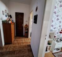 Hallway in a family house with tiled flooring and floral wallpaper decoration on the wall.