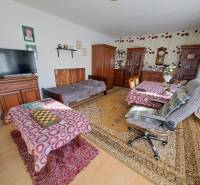 A room in a family house with furniture, a wooden-patterned floor, and decorative rugs.