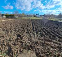 Plowed land in the garden, surrounded by a fence and houses in the town of Vráble on Bernolákova Street.