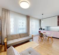 Living area with kitchen, sofa, furniture, and wooden decor flooring in a 4-room apartment.