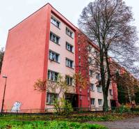 Exterior of a 2-room apartment on Ľudová Street, Košice - Západ district, with surrounding greenery.