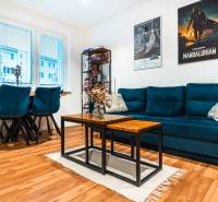 Living room in a 2-room apartment with a blue sofa and a wooden-patterned floor.