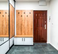 A hallway in a 2-room apartment with wooden decor, a mirror, and tiles.