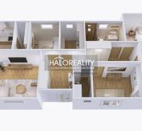 3D floor plan of a family house with spacious rooms and wooden decor floors.