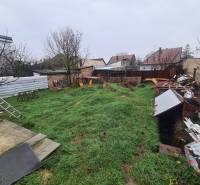 The garden of a family house in Komárno with a lawn, trees, and various materials in the yard.
