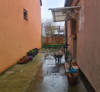 The courtyard of a family house in Komárno with numerous flower pots and storage space.