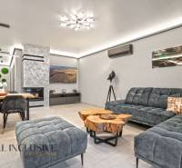 Interior of a family house with a comfortable sofa, fireplace, and wooden decor table.