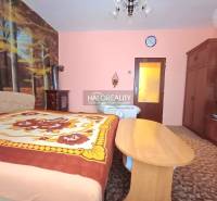 A bedroom in a family house with a forest wallpaper and classic wooden furniture.
