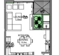 Floor plan of a family house with a terrace, living room, kitchen, and dining room.
