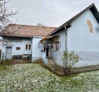 A family house in Prievidza with a blue facade, a yard, and a part of the lawn with frost.