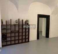 The interior of an office with ceiling arches and a wooden bookshelf.