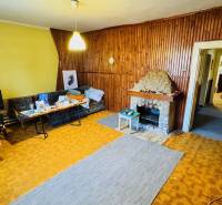 Living room in a family house with a fireplace and wooden wall paneling.