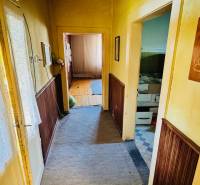 A hallway with carpet and wood paneling in a family house, room on the right.