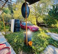 A family house in Brodzany with a red car in the garden surrounded by greenery and wood.