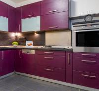 A kitchen with purple cabinets and modern equipment in a 4-room apartment.