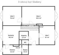 Floor plan of a 3-room apartment in Skačany with a kitchen and pantry.