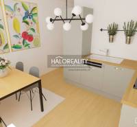 Dining table with flowers and a modern kitchen unit in a 3-room apartment.