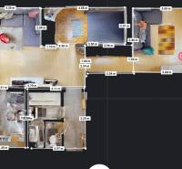 Floor plan of a 3-room apartment with furnishings and wooden decor flooring.