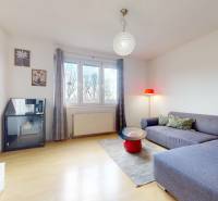 Living room in a 3-room apartment with a sofa, table, and wooden decor flooring.