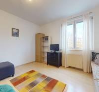 Living room in a 3-room apartment with a sofa, cabinet, and wooden decor flooring.