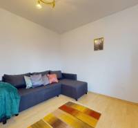 A room in a 3-room apartment with a sofa, wooden decor flooring, and shelves.