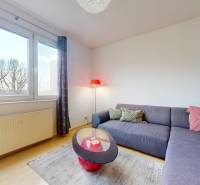Living room in a 3-room apartment with large windows, a sofa, and a table.