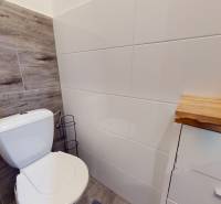 The bathroom in a 3-room apartment with a wooden decor floor and white tiles.