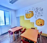 Offices with decorative figurines on a colorful wall and a floor with a wooden decor.