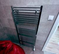 Bathroom with a towel rack in offices, floor with wooden decor.