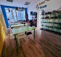Interior of an office with wood-patterned flooring and tables, shelves with Brick toys.