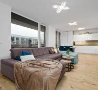 Living room with a brown sofa, white kitchen, and wooden decor flooring in a 3-room apartment.