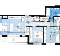 Floor plan of a 3-room apartment with a kitchenette, living room, and terrace.
