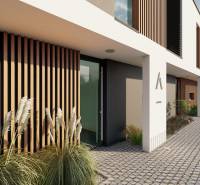 Family house on Drieňová Street in Nitra, entrance with wood decor and tiles.