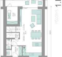 Ground floor plan of a family house with a storage room, kitchen, and living room.