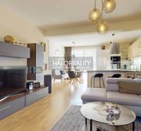 Living room with wood-patterned flooring, a comfortable sofa, and a spacious kitchen in a family house.