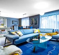 Living room in a family house with a blue sofa, glass table, and wood-patterned flooring.