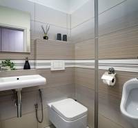A bathroom in a family house with a sink, toilet, and tiles in neutral tones.