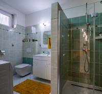 Bathroom with toilet, shower stall, and white cabinets in a family house.