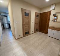Hallway interior with entrance doors and wood-decor flooring in a 4-room apartment.