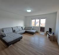 Living room in a 4-room apartment with a comfortable gray sofa and a floor with a wooden decor.
