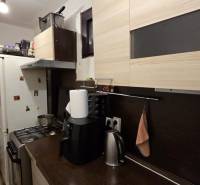 A kitchen in a family house with a wooden decor, containing appliances, cabinets, and a trash can.