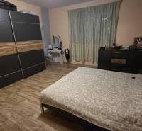 Bedroom in a family house with wood-decor flooring, a wardrobe, and a bed.