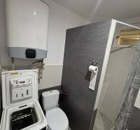 A bathroom in a family house with a washing machine, toilet, and shower.