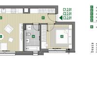 Floor plan of a 2-room apartment with a kitchen, living room, bedroom, and balcony.