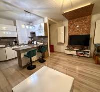 Living room with kitchen, bar counter, and wooden decor flooring in a two-room apartment.