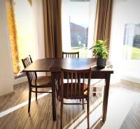 Dining table with a plant and chairs on a wooden-decor floor in a family house.