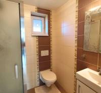 Bathroom in a family house with a toilet, shower, window, and tiles.
