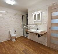 A bathroom in a family house with a wooden decor floor, a sink, and a shower enclosure.