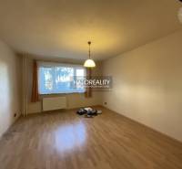 Living room in a three-room apartment with a wood-patterned floor and a large window.