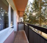 A balcony on Sládkovičova Street in Fiľakovo, surrounded by greenery, part of a 2-room apartment.